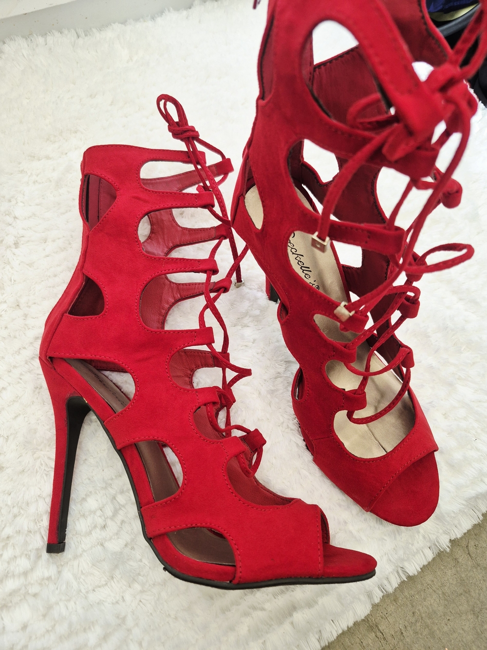 Red Suede Lace-Up Cutout Heels